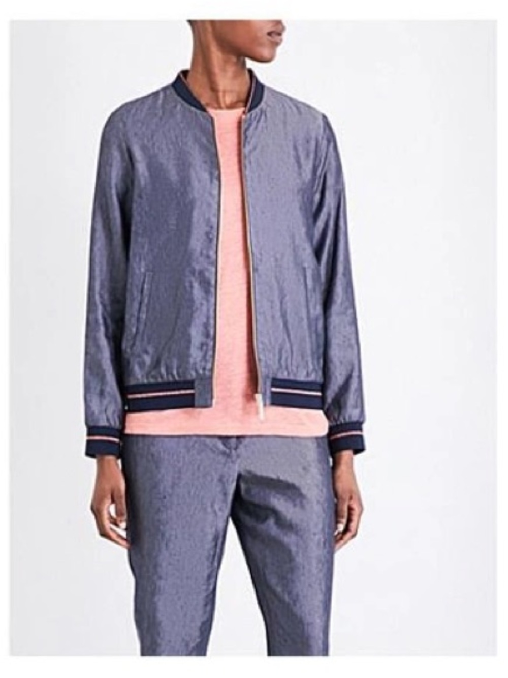 Ted Baker London Light Navy Satin-Effect Bomber Jacket with Pink Trim